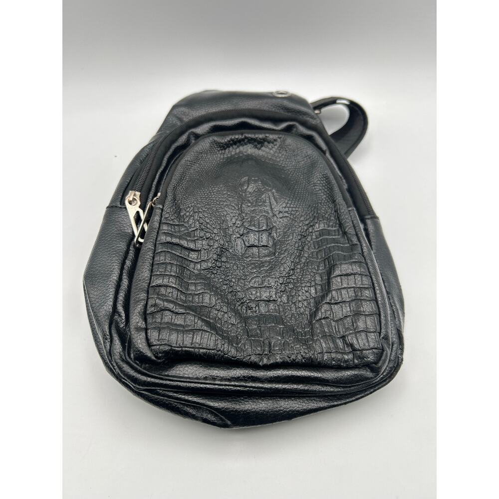 Black Croc Embossed Sling Backpack Crossbody Bag Small Chest Pack Faux Leather